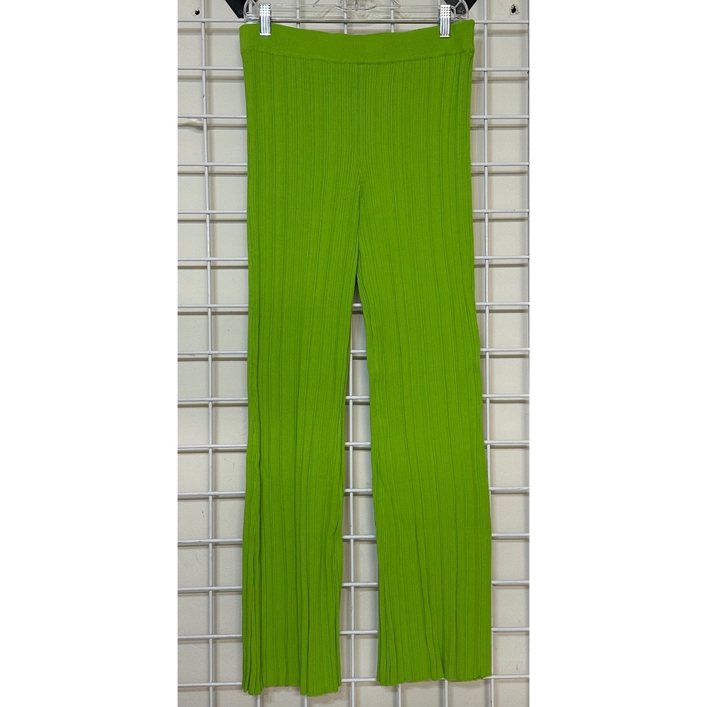ZARA Ribbed Stretch Knit Flared Women's pants bright/lime green size large NWT - Picture 2 of 8